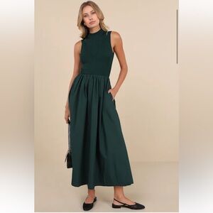 Sigrid Forest Green Ribbed Crew Neck Maxi Dress With Pockets